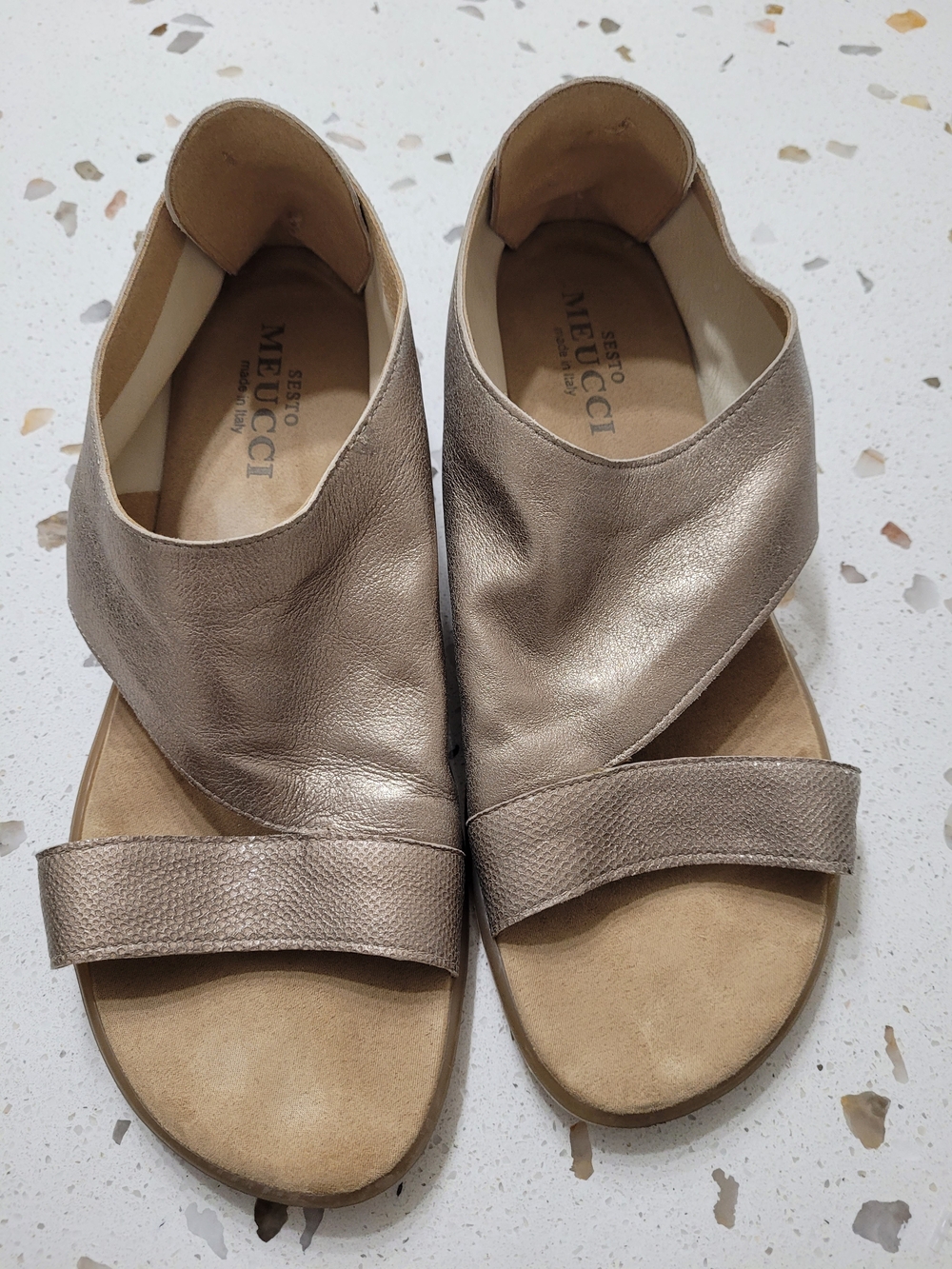 Sesto Meucci Metallic Taupe Leather Slip-On Sandals